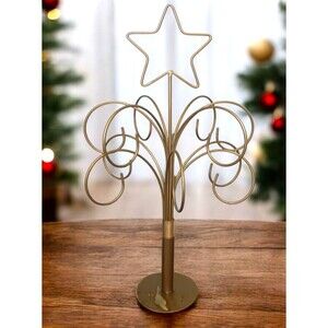 Vtg 90's Gold Metal Christmas Ornament 18" Display Tree Stand Santa's Workbench